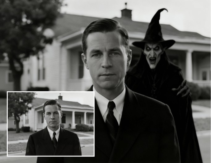 ハロウィン写真ゴーストお化け屋敷の前の仮面の人物