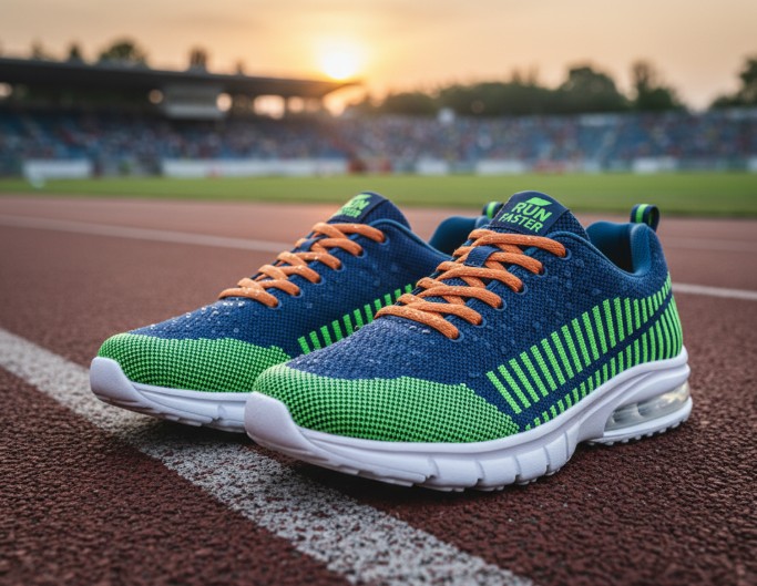 A pair of AI generated blue and green sneakers placed in the red track