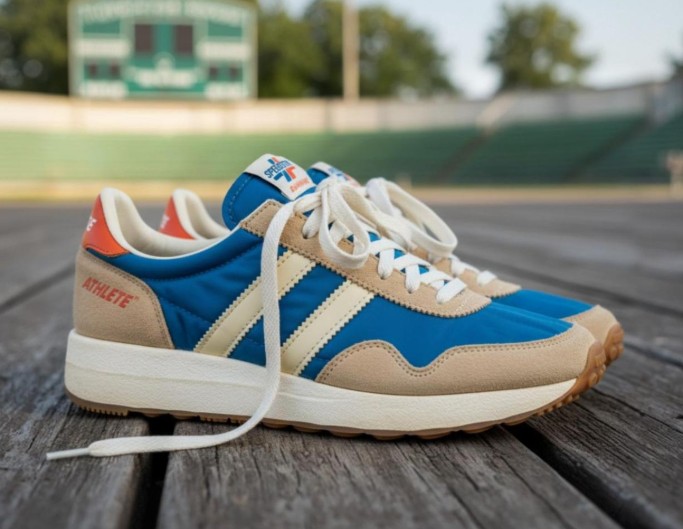 A pair of retro running shoes in blue grey and orange colors