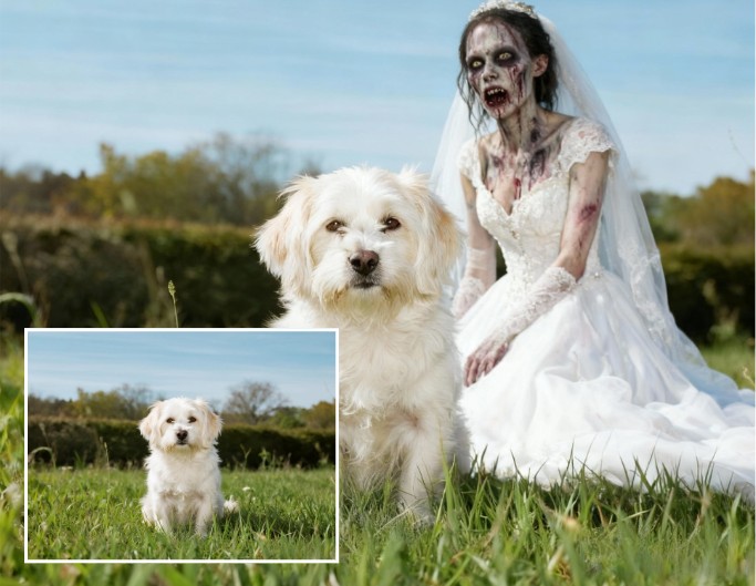 心霊写真合成アプリ小さな白い犬と幽霊花嫁