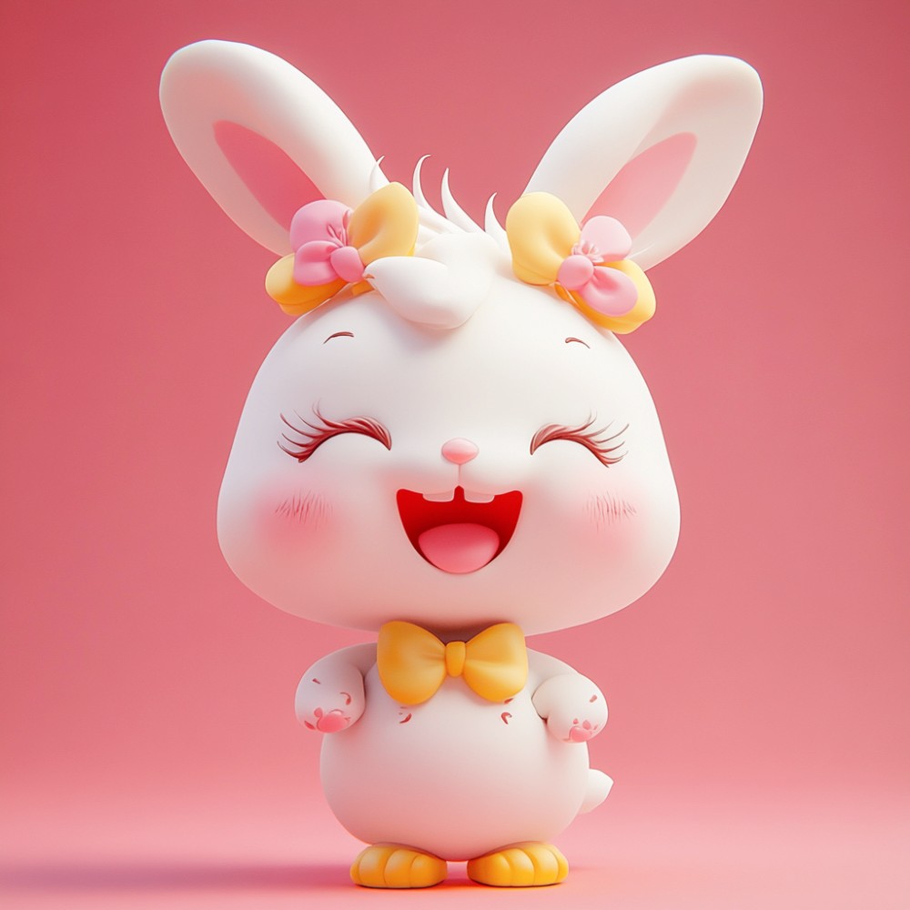 une mascotte lapin dessin animé souriante sur fond rose