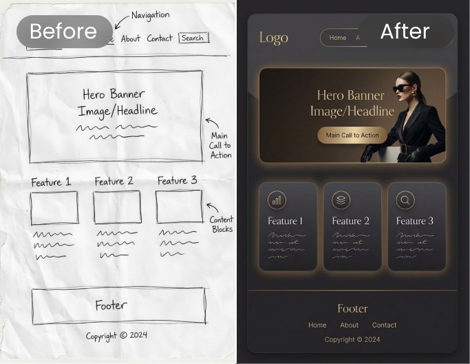 AI app UI design before and after effect