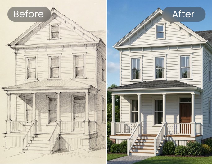 AI architectural sketch design before and after effect