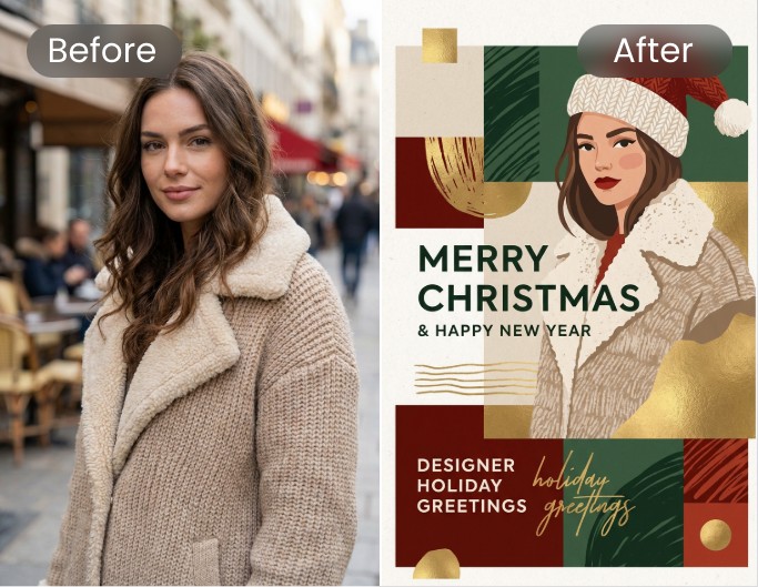 AI design generator featuring Christmas card design before and after effect