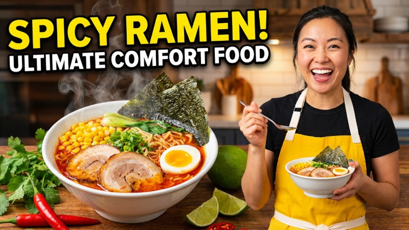 AI food video thumbnail generation example for spicy ramen