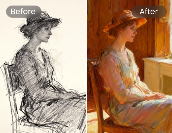 AI illustration and digital art style design before and after effect