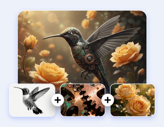 El combinador de imágenes con IA generó arte surrealista con un pájaro mecánico y una flor