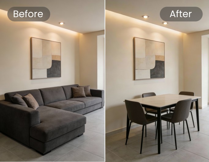 AI interior design before and after effect