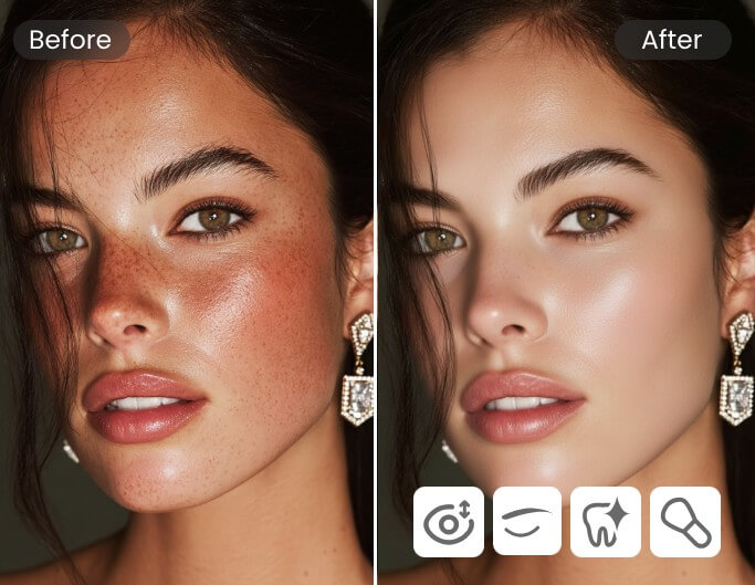 AI portrait retouching smoothing skin and enhancing facial features naturally