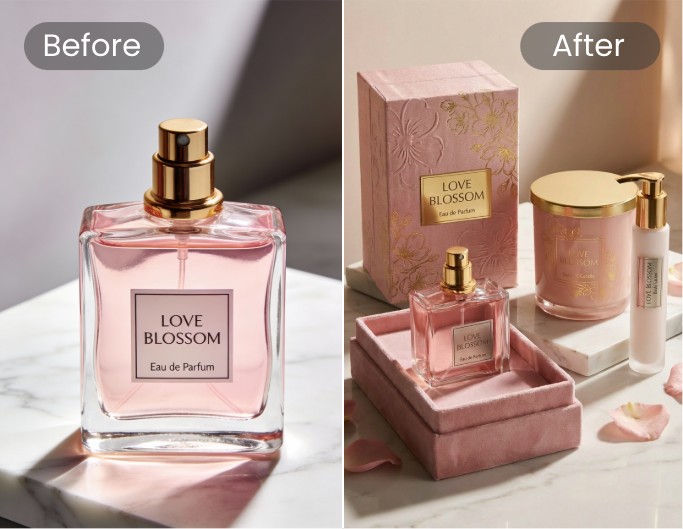 AI product packagaing design comparison featuring a perfume