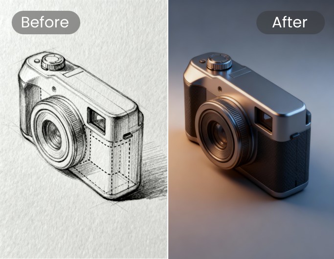 AI product sketch to 3 D design comparison featuring a camera