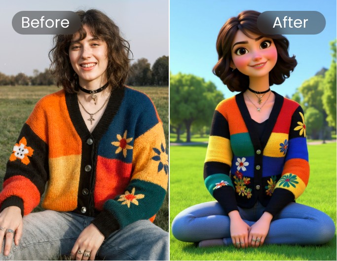 AI realistic style to 3 D style featuring a woman photo