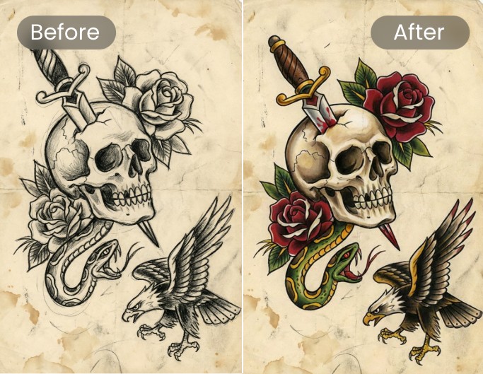 AI skull tattoo coloring design before and after effect