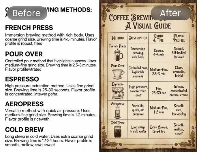 AI spreadsheet layout design before and after effect