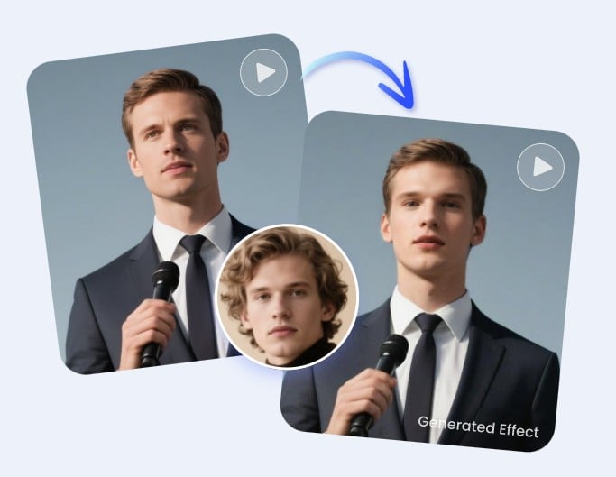 Effet de swap face vidéo IA destiné à une vidéo tutoriel professionnelle mettant en scène un homme en costume noir