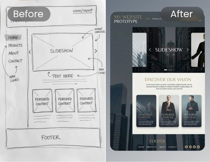 AI website UI design before and after effect