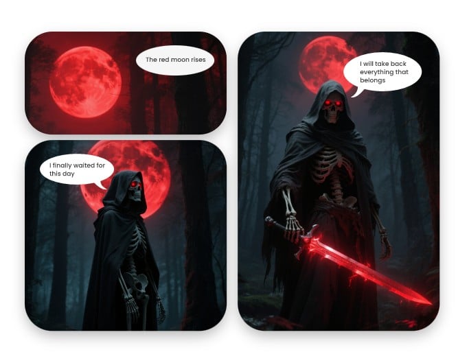 Add dialogue to the generated dark fantasy images and create stunning stories