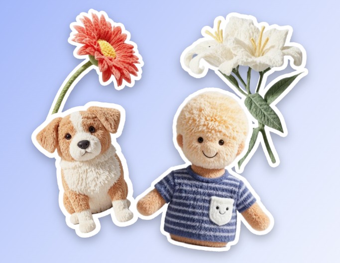 Add white outline to the emojis of a dog a red flower a cute baby and a bouquet