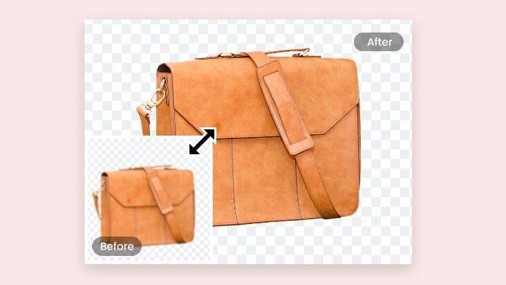 Amplíe una imagen png de una bolsa marrón con el ampliador de imágenes de Fotors