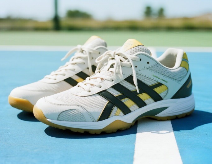 An image of AI generated sports shoes in white black and yellow colors