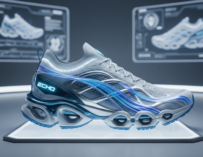 An image of a designer shoe in grey and blue colors