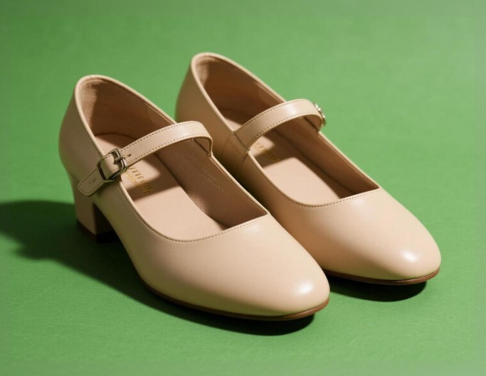 An image of a pair of skin color Mary Janes shoes