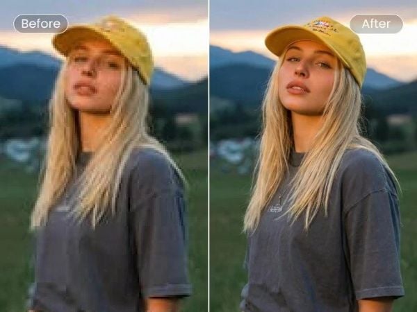 Before and after comparison of a compressed low quality female portrait with restored detail and improved clarity
