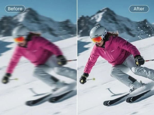 Before and after comparison of a motion blurred skiing photo using Fotor image blur remover