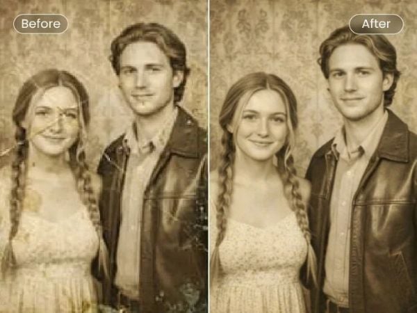 Before and after comparison of an old blurry photo with restored faces and enhanced detail