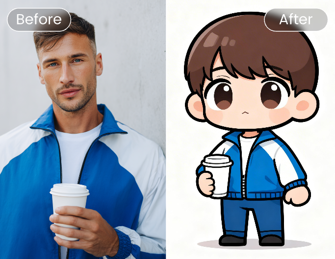 Before and after comparison of the man using chibi fliter
