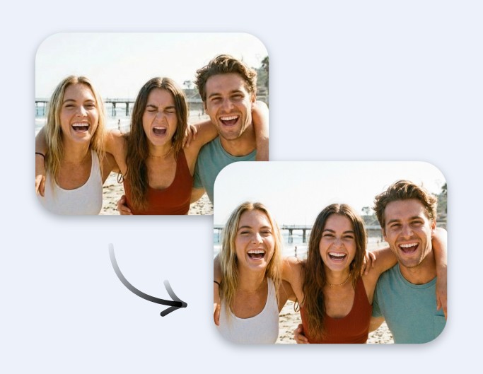 Before and after comparison showing changing facial expression of the woman in the middle with Fotor