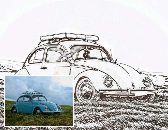 Ein blauer Wagen als Ausmalbild Vorher-nachher-Vergleich