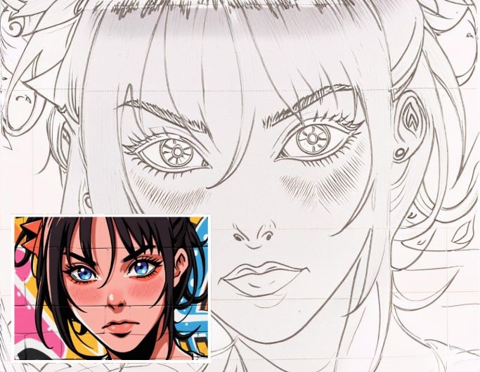 Graffiti eines Mädchens als Ausmalbild Vorher-nachher-Vergleich