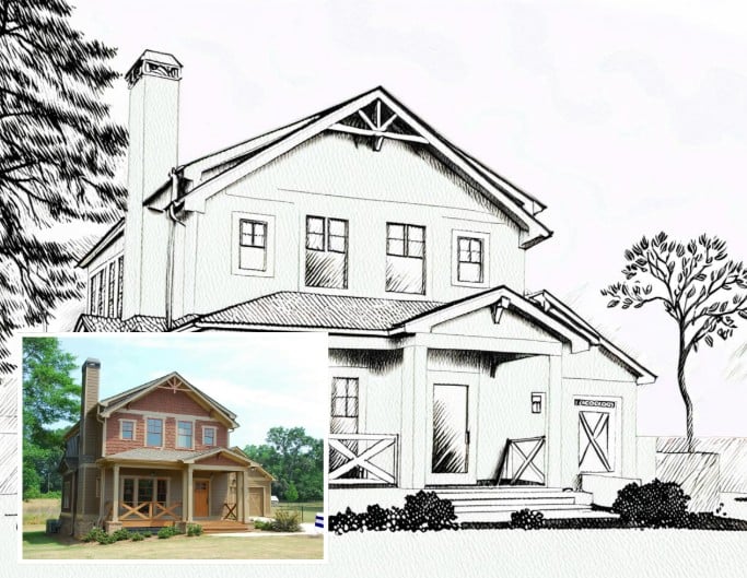 Ein kleines Haus im Wald als Ausmalbild Vorher-nachher-Vergleich