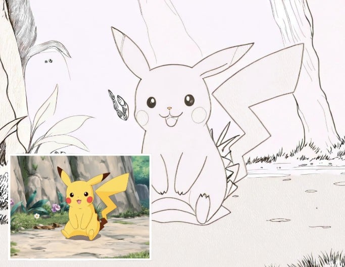 Ein gelber Pikachu am Fuße eines Berges als Ausmalbild Vorher-nachher-Vergleich