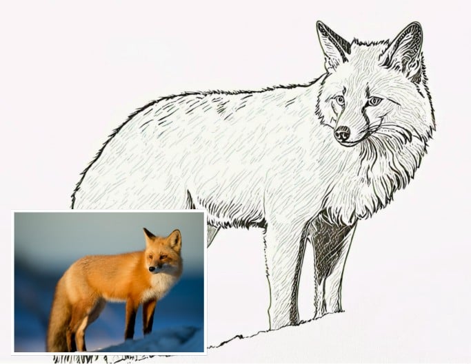 Ein orangefarbener Fuchs als Ausmalbild Vorher-nachher-Vergleich