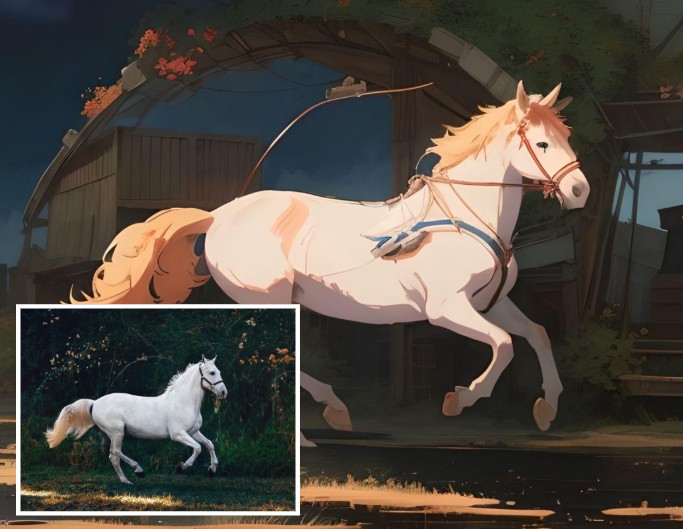 Cartoon a picture of a white horse running on the grassland