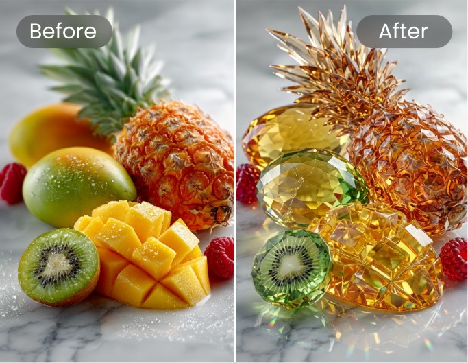 Change the texture of the fruits in the image to a glass like material