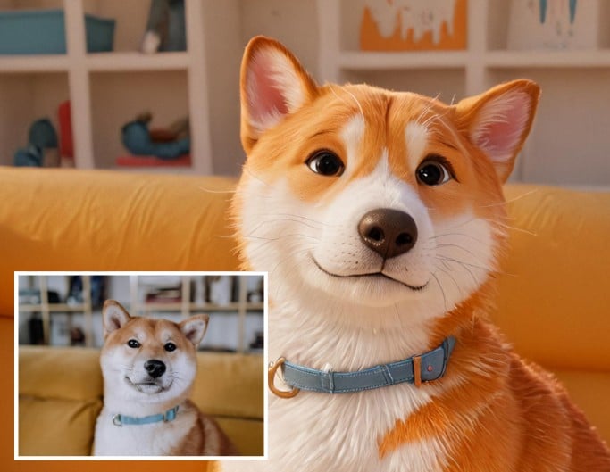 Convert a Shiba Inu sitting on a yellow couch image to cartoon 3d