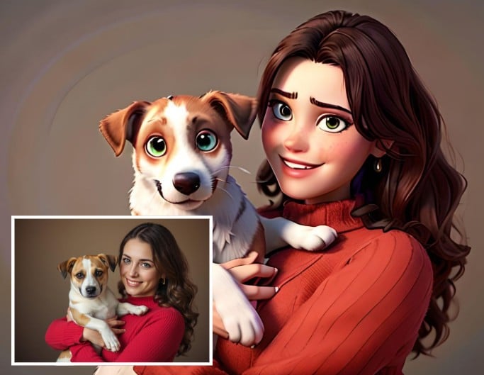 Convert a image of a girl in red sweaters holding a dog to desiney filter