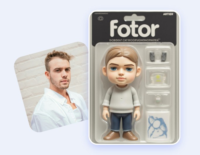 Convert a image of white t shirt man to action figure style