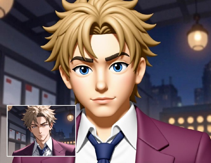 Convert a picture of a handsome anime man wearing purple suit to an emoji