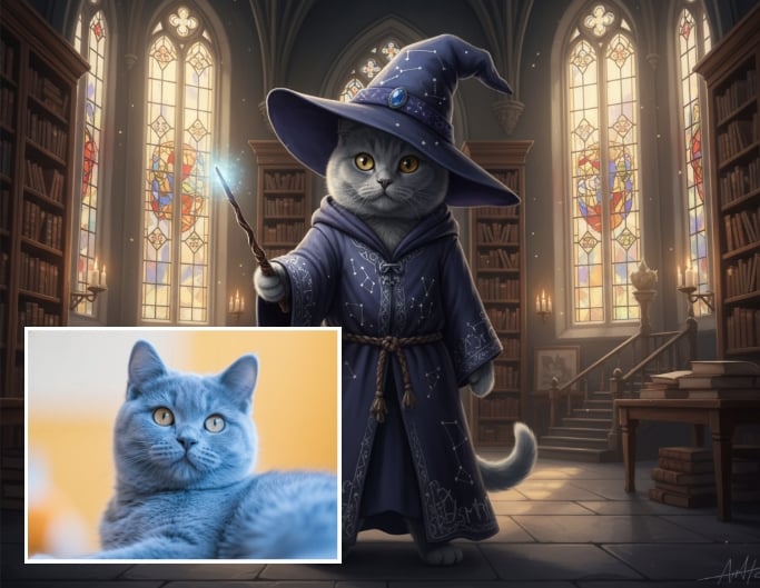 Convert the cat into a wizard wearing a purple robe and holding a magic staff