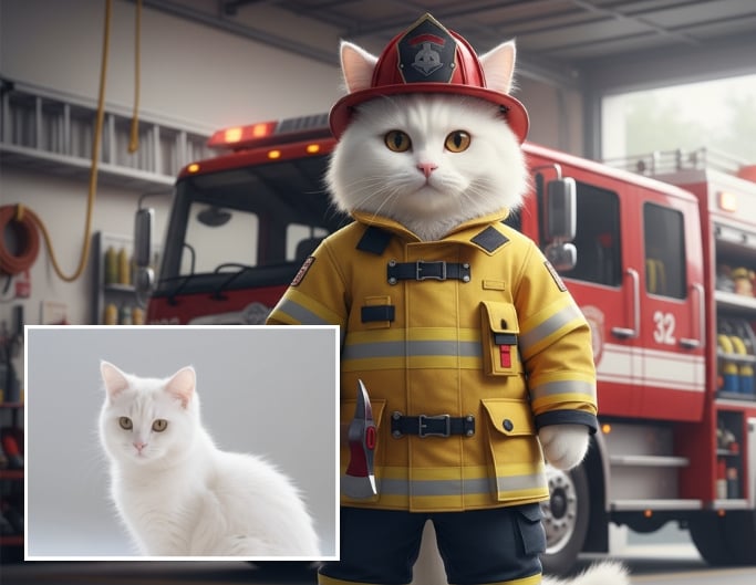 Convert the white cat into a firefighter wearing uniform and hat standing in front of a fire engine