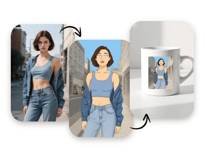 Convertir une photo en cartoon pour une femme cool et fabriquer une tasse avec le résultat généré