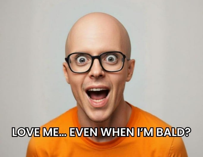 Create a bald head meme with an image of a bald man in an orange t shirt waering black glasses