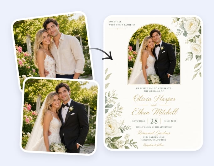 Design wedding invitation card with AI couple photo generated by Fotor free ai couple photo maker