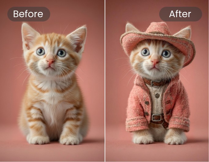 Dress the kitten in the image in a pink outfit