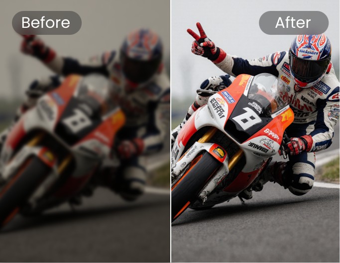 Enhance the clarity and brightness of a motorcycle leaning image