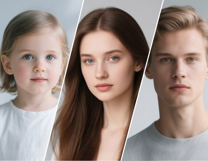 Générateur de visages IA de Fotor, créant des visages pour un bébé, une femme et un homme